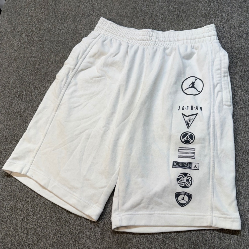 Jordan Mens Fleece Shorts White Multi Logo Graphic Jumpman Athletic Size Medium